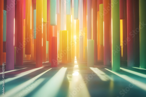 Abstract 3D cartoon illustration of colorful light rays creating a caustic effect in a unique environment 