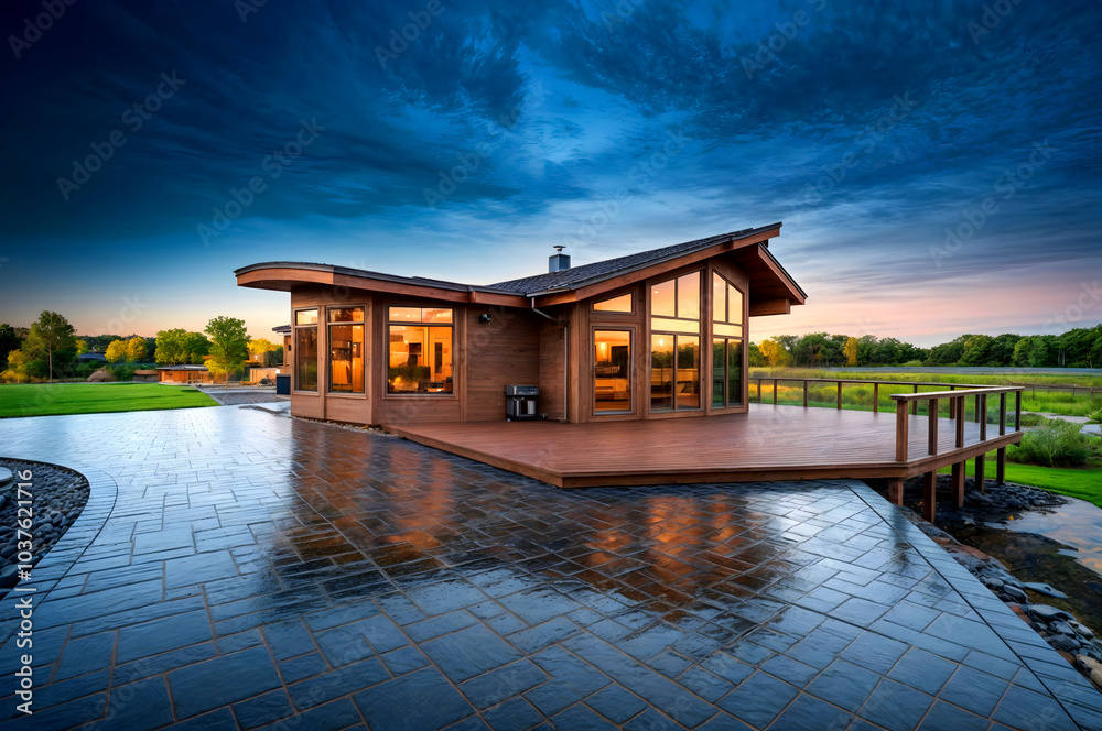 Obraz premium Contemporary house exterior with dark blue sky stamped concrete driveway, brown house, and expansive deck.