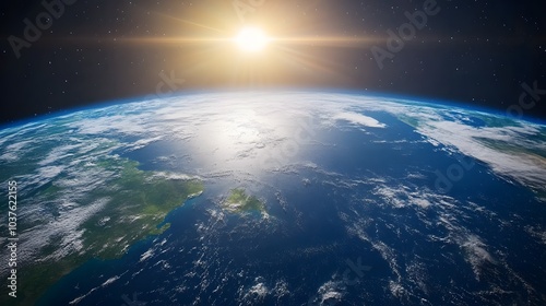 An image of a view of the earth from space with bright lights, banner, copy space