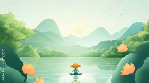 A child in a hat is rowing, holding a paddle in his hand. The background is green trees and distant mountain shadows, quiet ponds, high mountains, full of green, sunshine, reflection, large lotus flow