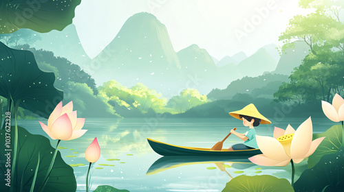 A child in a hat is rowing, holding a paddle in his hand. The background is green trees and distant mountain shadows, quiet ponds, high mountains, full of green, sunshine, reflection, large lotus flow
