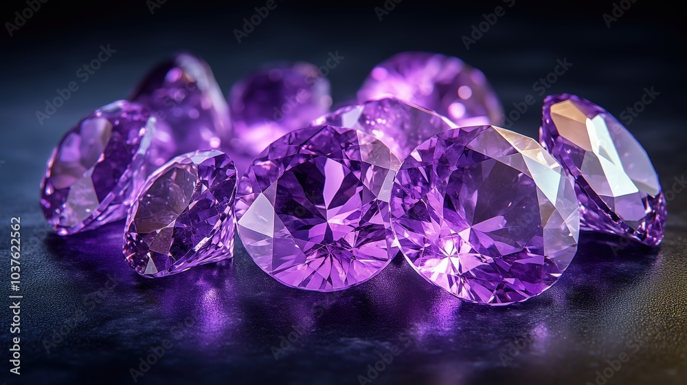 A sparkling collection of amethysts gleams on a sleek black surface, showcasing various cuts in luxurious purple hues