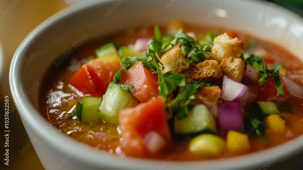 A refreshing bowl of gazpacho with ripe tomatoes, cucumbers, bell peppers A refreshing bowl of gazpacho with ripe tomatoes, cucumbers, bell peppers