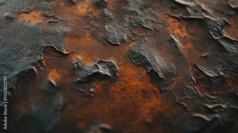 Close-up of a textured rusty metal surface with orange and blue tones. Close-up of a textured rusty metal surface with orange and blue tones.