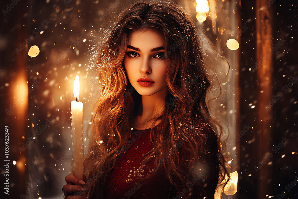 Candlelight and Snowflakes: A young woman with long, flowing hair stares wistfully at a candle flame, her face illuminated by its soft glow. Snowflakes gently fall around her. Candlelight and Snowflakes: A young woman with long, flowing hair stares wistfully at a candle flame, her face illuminated by its soft glow. Snowflakes gently fall around her.