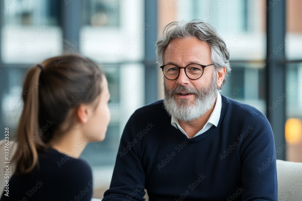 A bearded man and his female colleague engage in a warm conversation. This scene captures camaraderie, teamwork, and communication in a modern office environment. A bearded man and his female colleague engage in a warm conversation. This scene captures camaraderie, teamwork, and communication in a modern office environment.