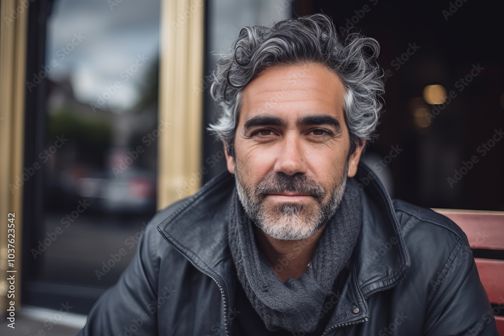 Portrait of handsome mature man with gray hair and beard in the city