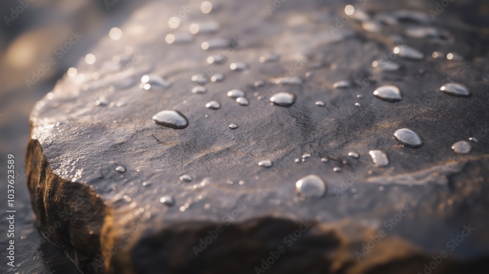 A close-up of a smooth rock surface with water droplets glistening in the sunlight. A close-up of a smooth rock surface with water droplets glistening in the sunlight.