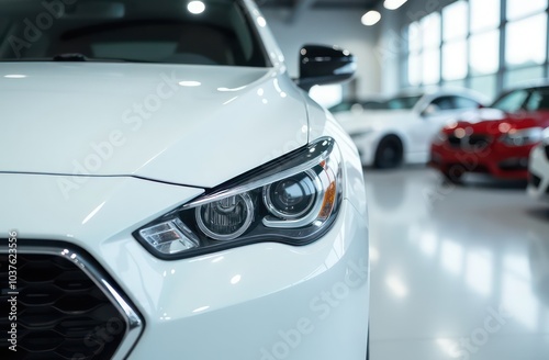 a close up view of a shiny white car in a showroom with other vehicles in the background