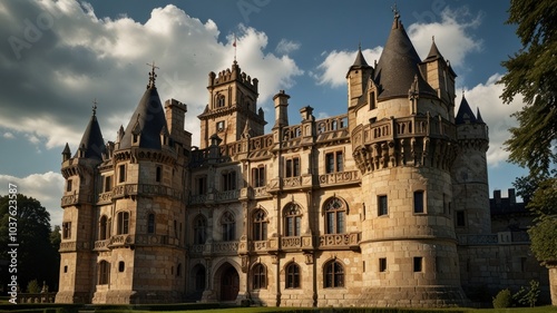 A grand stone castle with multiple towers and a large central entrance, surrounded by lush greenery.