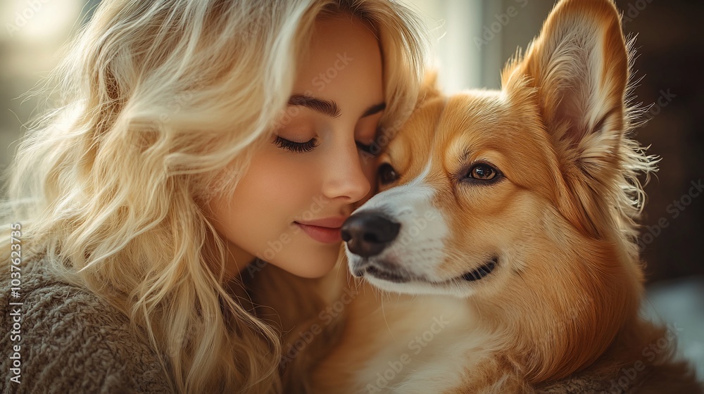 A young woman with blonde hair and a dog with closed eyes are gently touching noses.