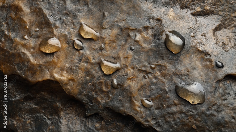 A close-up of a smooth stone surface with water droplets glistening in the light. A close-up of a smooth stone surface with water droplets glistening in the light.