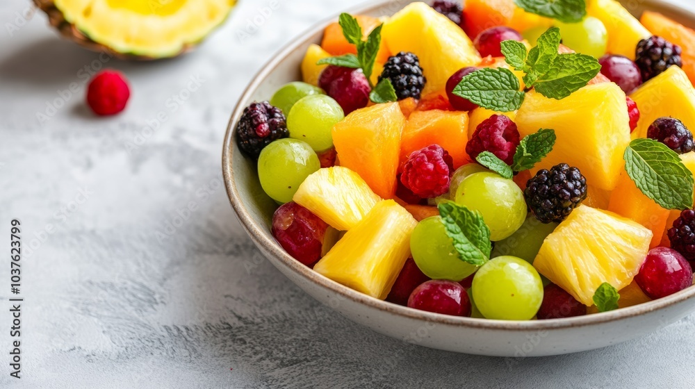 A refreshing bowl of mixed fruit salad featuring pineapple, grapes, melon A refreshing bowl of mixed fruit salad featuring pineapple, grapes, melon
