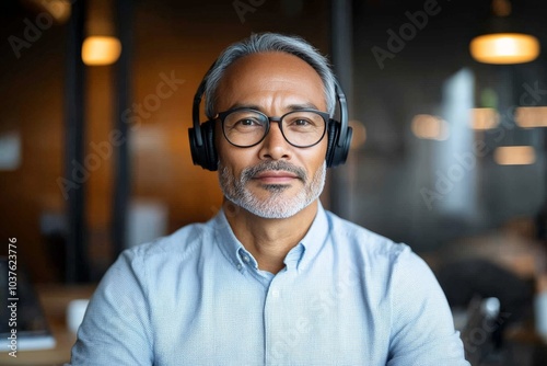 A mature man with a gray beard and glasses, wearing a light blue shirt and black headphones, sits in a modern setting, looking contemplative yet approachable.