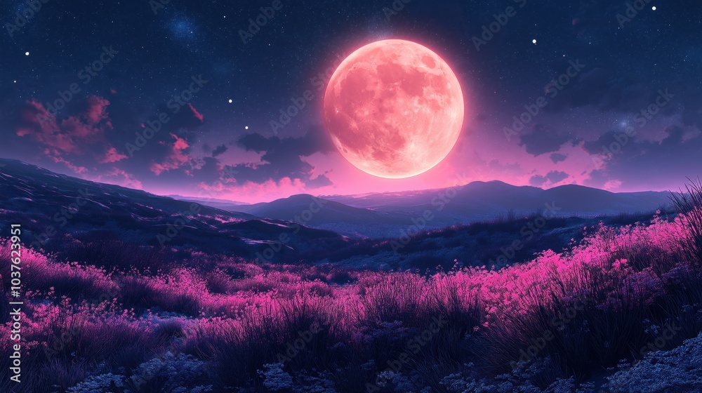 Fototapeta premium An enchanting night on alien hills bathed in the glow of a massive pink moon amid starry skies and luminous plants