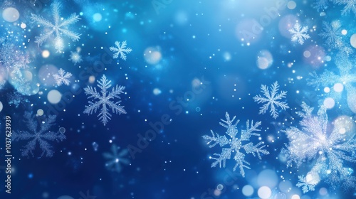 Delicate snowflakes shimmer against a calming blue backdrop, creating a magical winter atmosphere filled with wonder and tranquility. Generative AI