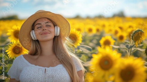 Joyful summer stroll: woman with headphones relishes music in a vibrant sunflower field