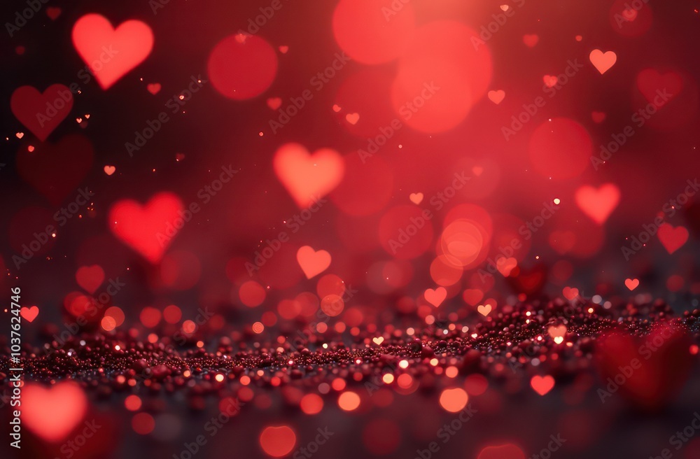 red glitter hearts falling down, bokeh effect blurred background red glitter hearts falling down, bokeh effect blurred background