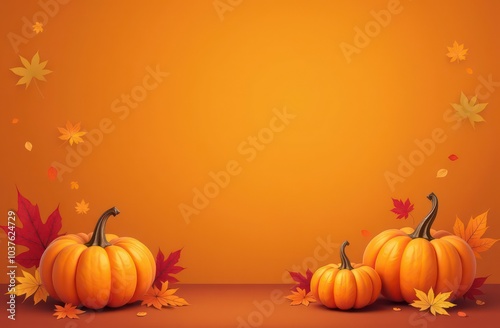 orange background with autumn leaves and pumpkins 