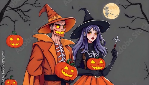 Halloween Witch & Wizard | A vibrant illustration of a witch and wizard couple in Halloween costumes, holding jack-o'-lanterns, under a spooky moonlit sky. Ideal for festive designs and projects.