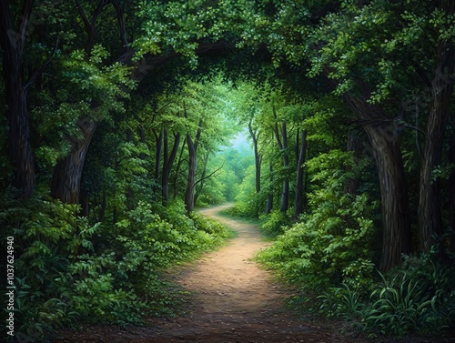 Serene Path Through a Dense Forest with Sunlight