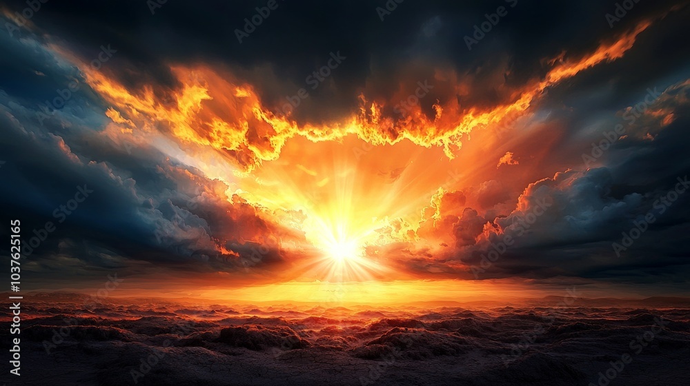Dramatic Sunbeam Breaking Through Stormy Clouds Dramatic Sunbeam Breaking Through Stormy Clouds