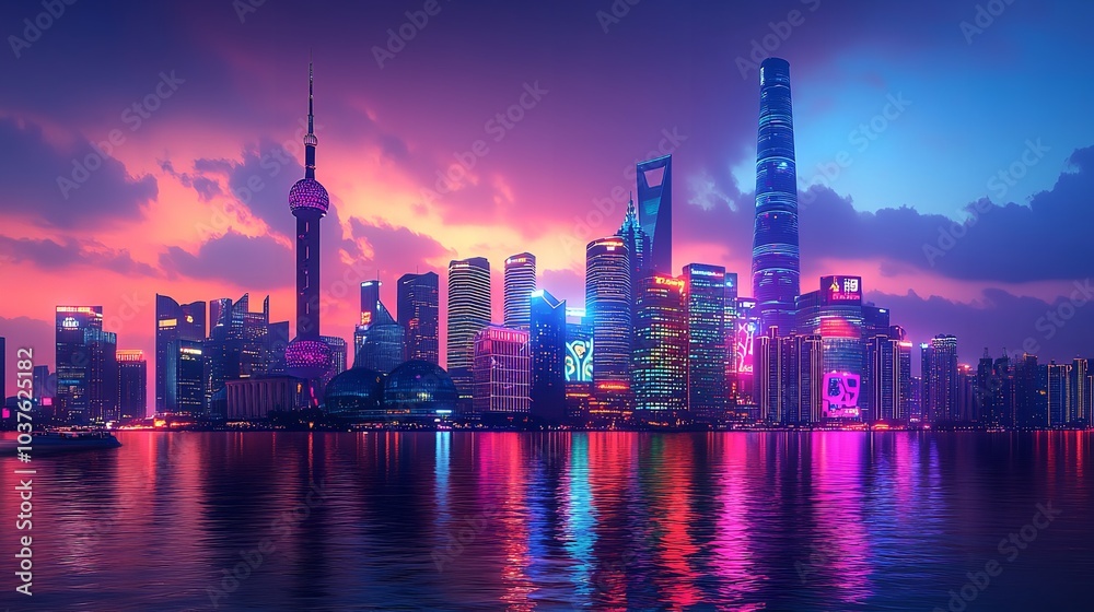 A City Skyline at Dusk Where the Buildings Are Illuminated by Twilight A City Skyline at Dusk Where the Buildings Are Illuminated by Twilight