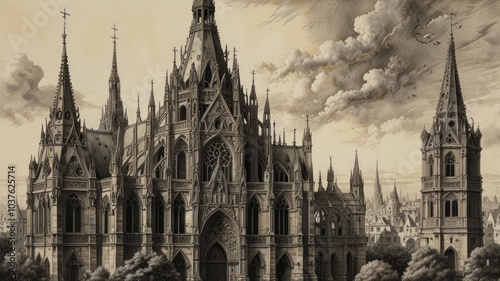 A detailed sepia toned illustration of a grand gothic cathedral with ornate spires, arches, and stained glass windows, set against a cloudy sky and a cityscape.