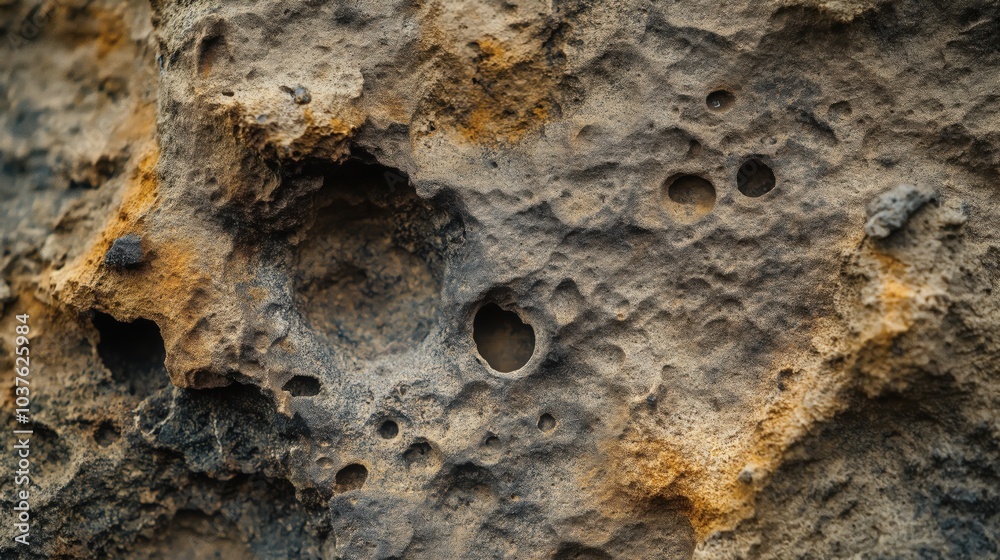 A close-up view of textured volcanic rock with warm lighting. A close-up view of textured volcanic rock with warm lighting.