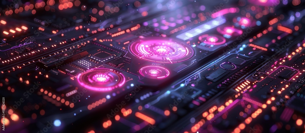 Obraz premium Abstract futuristic technology background with glowing neon circuits and digital display elements.