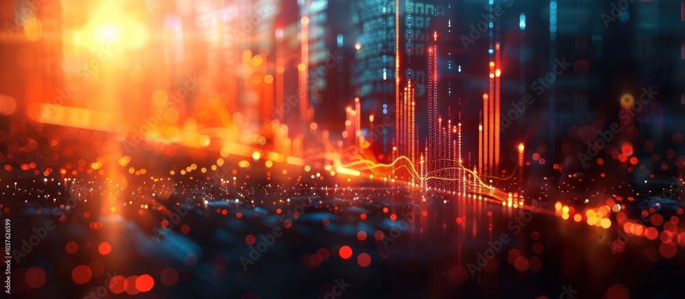 Obraz premium Abstract futuristic cityscape with glowing lights and data visualizations.