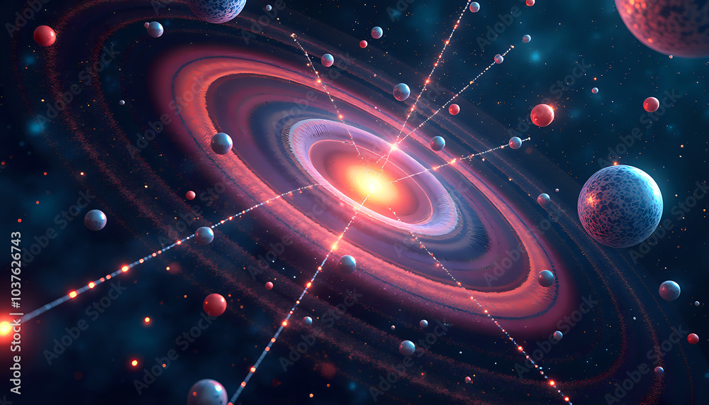Obraz premium Spectacular cosmic scene with glowing galaxy, planets, and energy beams against deep space background