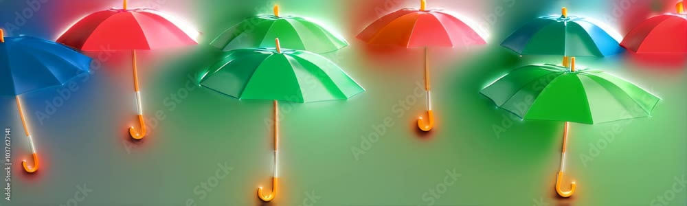 Open umbrellas website banner autumn, summer or spring rain, rainy weather poster. Group of umbrellas with handles of different colors and waterproof fabric neon cartoon