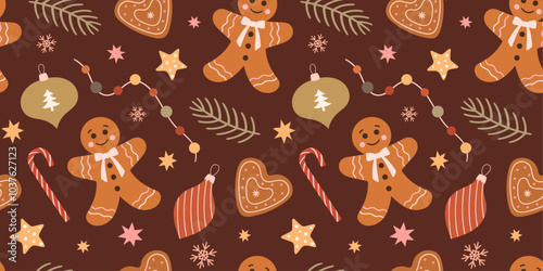 Cute seamless pattern with gingerbread and decorations for Christmas