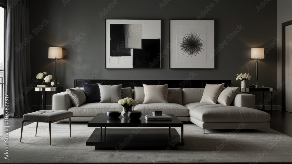 Fototapeta premium living room with elegance and diversity of modern gray color palette. The sofa is upholstered in a luxurious gray fabric. The minimalist design of the room evokes a sense of calm and sophistication.