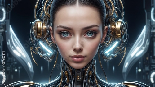 female android with blue eyes and intricate futuristic circuits on high-tech background, portrait of a woman