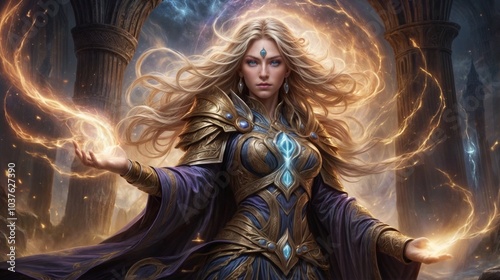 fantasy female mage with blonde hair and blue eyes surrounded by magical energy and lightning