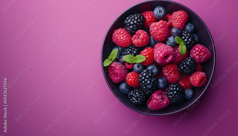Vibrant Bowl of Mixed Berries with Purple Blank Space Vibrant Bowl of Mixed Berries with Purple Blank Space