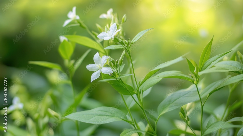 Delicate White Flowers in Lush Green Foliage Delicate White Flowers in Lush Green Foliage
