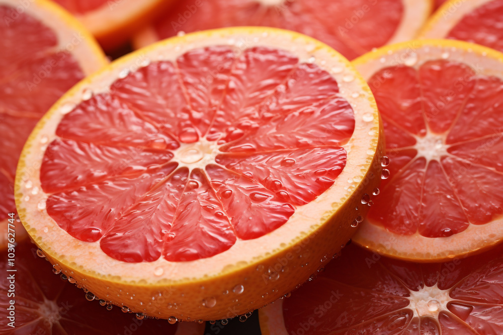 Vibrant Close-up of Sliced Red Grapefruit Arrangement
