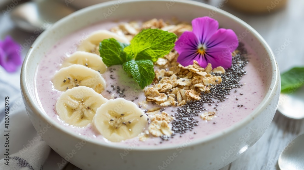 A refreshing fruit smoothie bowl topped with granola, sliced bananas, and a sprinkle of chia seeds A refreshing fruit smoothie bowl topped with granola, sliced bananas, and a sprinkle of chia seeds