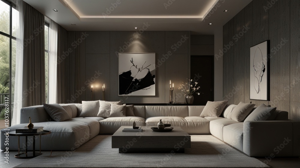 living room with elegance and diversity of modern gray color palette. The sofa is upholstered in a luxurious gray fabric. The minimalist design of the room evokes a sense of calm and sophistication. living room with elegance and diversity of modern gray color palette. The sofa is upholstered in a luxurious gray fabric. The minimalist design of the room evokes a sense of calm and sophistication.
