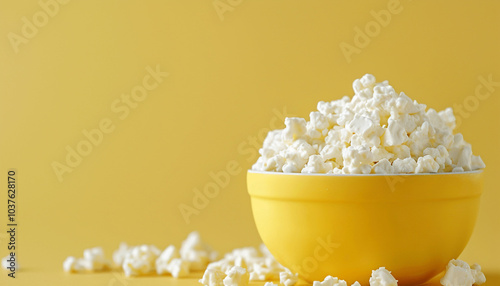 Creamy Cottage Cheese in a Light Yellow Bowl with Blank Space photo