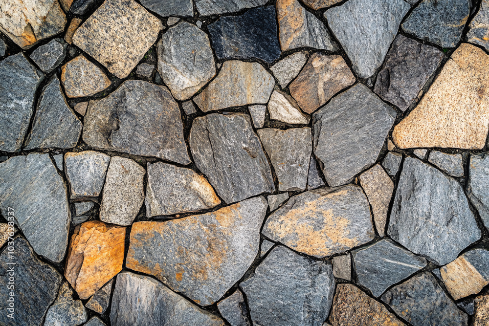 Fototapeta premium An irregular stone wall made of mixed gray and orange stones with a rough texture forming a natural and rustic outdoor pattern 