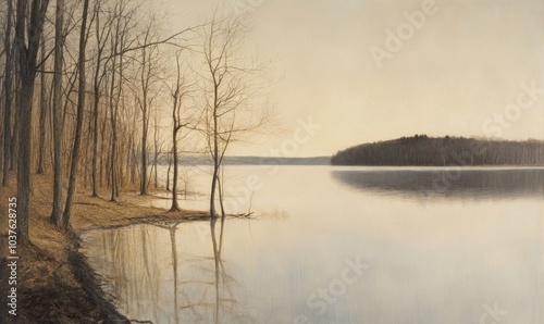 Fototapeta Naklejka Na Ścianę i Meble -  A painting of a lake with trees in the background