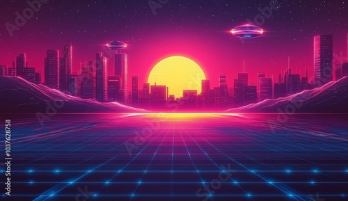 Neon Cityscape Illustration from the 1980s