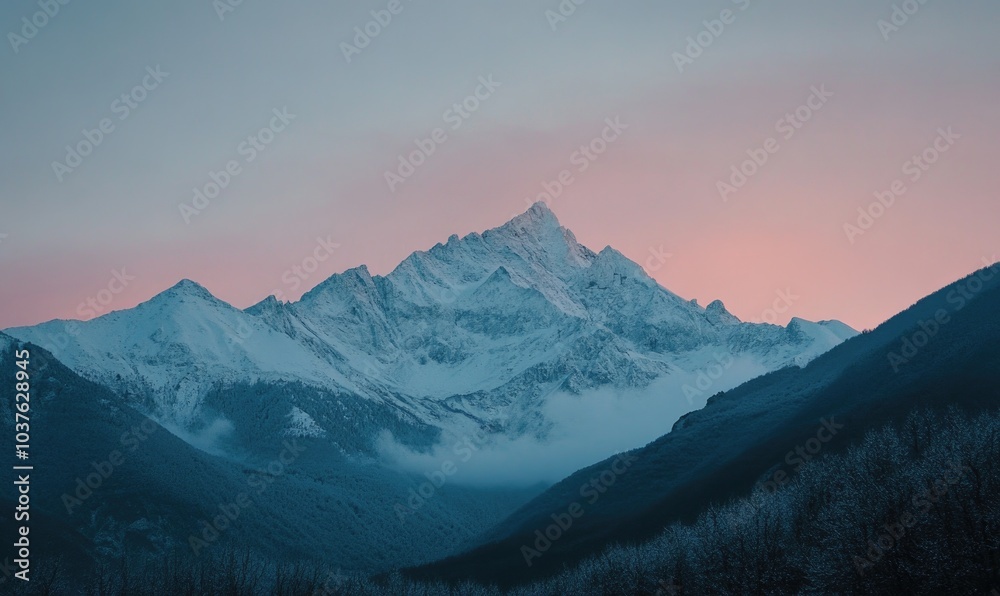 A mountain range with a mountain in the background and a pink sky A mountain range with a mountain in the background and a pink sky