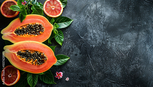 Fresh Papaya Halves with Seeds on Tropical Orange Background photo