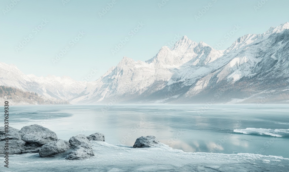 Obraz premium A beautiful snowy landscape with a large body of water