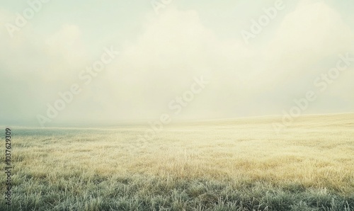 A field of grass with a foggy sky in the background